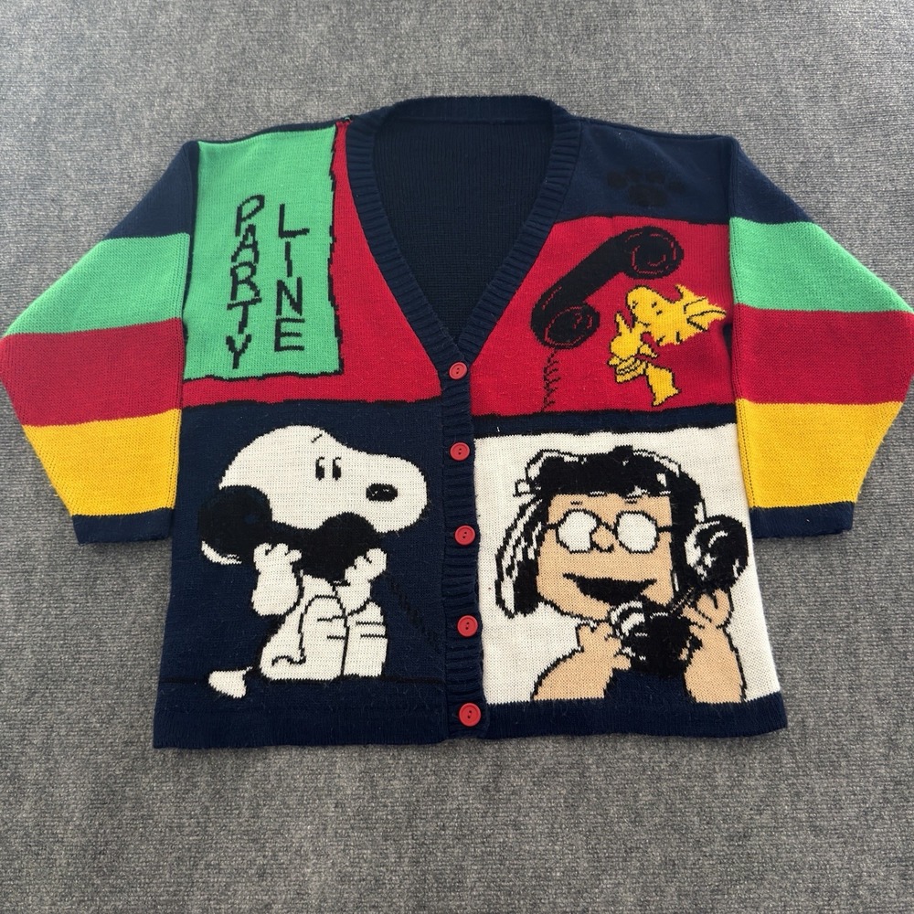 Vintage Peanuts Snoopy Party Line Knit Cardigan Colorblock Unisex Fits M/L